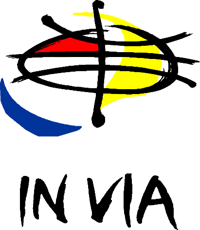 Logo von IN VIA (schwarzer Kreis, durchzogen von schwarzen Strichen mit einer blauen, einer roten und einer gelben Fläche, darunter der schwarze Schriftzug IN VIA)