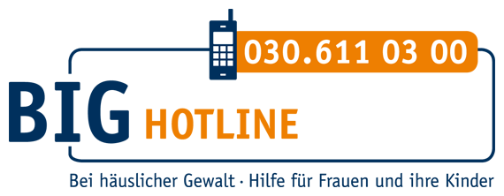 Logo BIG Hotline - bei häuslicher Gewalt, Hilfe für Frauen und Kinder, Telefonnummer 030 611 03 00 © BIG Hotline
