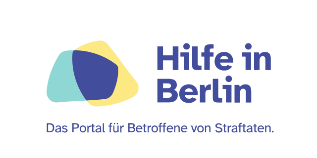 Das Bild zeigt das Logo des Portals "Hilfe in Berlin": Einen aus einer türkisen, einer blauen und einer gelben Fläche angedeuteten Umriss Berlins, daneben der Text "Hilfe in Berlin", darunter der Text "Das Portal für Betroffene von Straftaten."