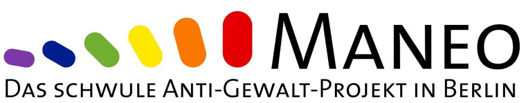 Logo von MANEO: Sich aufrichtende und größer werdende ovale Formen in Regenbogenfarben, rechts davon der Schriftzug "MANEO", darunter der Schriftzug "Das schwule Anti-Gewalt-Projekt in Berlin"